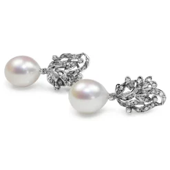 Palladium Vintage Single Cut Diamond Earrings with 13mm Fresh Water Pearls