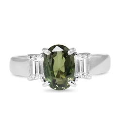 Platinum Alexandrite and Baguette Diamond 3 Stone Ring