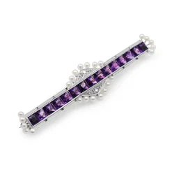 Platinum and 18ct Yellow Gold Amethyst, Diamond and Pearl Brooch