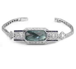 Platinum and Palladium Art Deco Aquamarine, Sapphire and Single Cut Diamond Bracelet