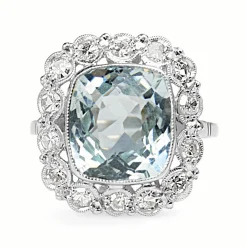 Platinum Art Deco Aquamarine and Single Cut Diamond Ring