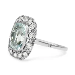 Platinum Art Deco Aquamarine and Single Cut Diamond Ring