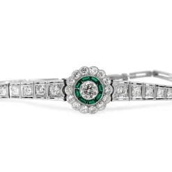 Platinum Art Deco Emerald and Diamond Daisy Flower Bracelet