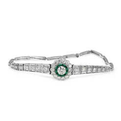 Platinum Art Deco Emerald and Diamond Daisy Flower Bracelet