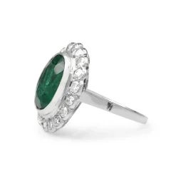 Platinum Art Deco Emerald and Old Cut Diamond Daisy Ring