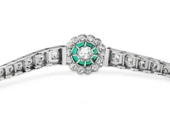Platinum Art Deco Emerald and Diamond Daisy Flower Bracelet