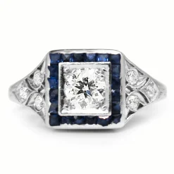 Platinum Art Deco Old Cut Diamond and Sapphire Ring