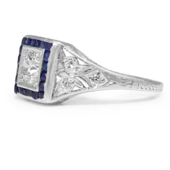 Platinum Art Deco Old Cut Diamond and Sapphire Ring