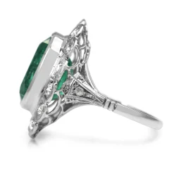 Platinum Art Deco Old Cut Diamond and Emerald Cluster Ring