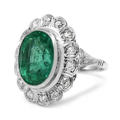 Platinum Art Deco Old Cut Diamond and Emerald Cluster Ring
