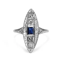 Platinum Art Deco Sapphire and Diamond Etched Shield Shaped Ring