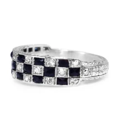 Platinum Art Deco Sapphire and Diamond Checkerboard Style Ring