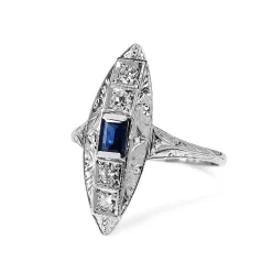 Platinum Art Deco Sapphire and Diamond Etched Shield Shaped Ring