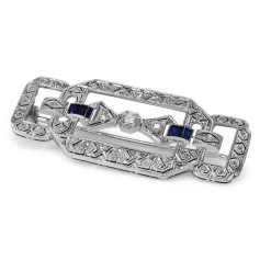 Platinum Art Deco Sapphire and Old + Rose Cut Diamond Brooch