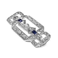 Platinum Art Deco Sapphire and Old + Rose Cut Diamond Brooch