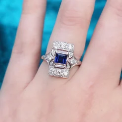 PLatinum Art Deco Sapphire and Old Cut Diamond Ring