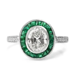 Platinum Art Deco Style Emerald and Old Cut Oval Diamond Ring