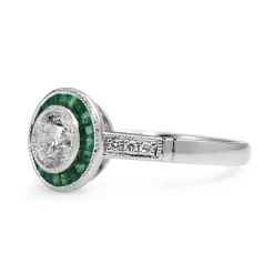 Platinum Art Deco Style Emerald and Diamond Halo Ring