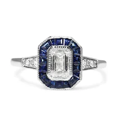 Platinum Art Deco Style Sapphire and Diamond Halo Ring