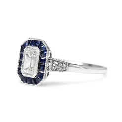 Platinum Art Deco Style Sapphire and Diamond Halo Ring