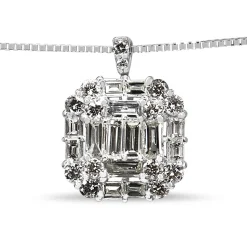 Platinum Baguette and Brilliant Cut Diamond Cluster Necklace