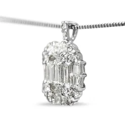 Platinum Baguette and Brilliant Cut Diamond Cluster Necklace