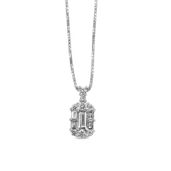 Platinum Baguette and Round Diamond Halo Necklace
