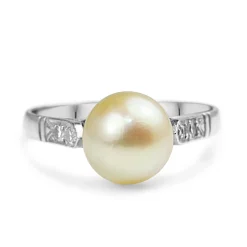 Platinum Cultured Pearl and Single Cut Diamond Ring