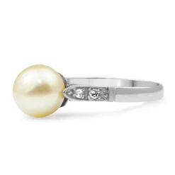 Platinum Cultured Pearl and Single Cut Diamond Ring