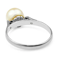 Platinum Cultured Pearl and Single Cut Diamond Ring