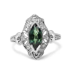 Platinum Deco Marquise Green Sapphire and Diamond Ring