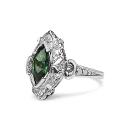 Platinum Deco Marquise Green Sapphire and Diamond Ring