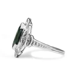 Platinum Deco Marquise Green Sapphire and Diamond Ring