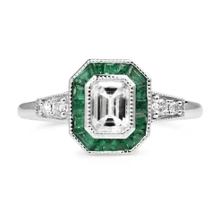 Platinum Deco Style Emerald and Diamond Ring