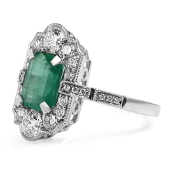 Platinum Emerald and Diamond Deco Style Ring
