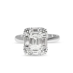 Platinum Emerald, Baguette and Brilliant Cut Diamond Deco Style Halo Ring