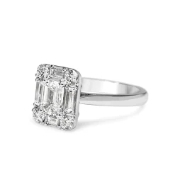 Platinum Emerald, Baguette and Brilliant Cut Diamond Deco Style Halo Ring
