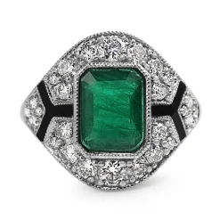 Platinum Emerald, Enamel and Diamond Deco Style Ring
