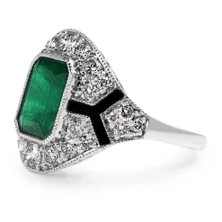 Platinum Emerald, Enamel and Diamond Deco Style Ring