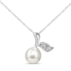 Platinum 9mm Akoya Pearl and Diamond 'Apple and Leaf' Style Necklace