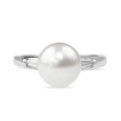Platinum 8mm Cultured Pearl and Baguette Diamond Ring