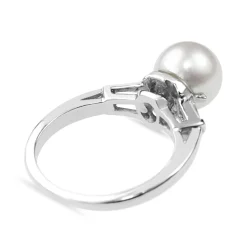 Platinum 8mm Cultured Pearl and Baguette Diamond Ring