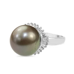 Platinum 14mm Tahitian Pearl and Diamond Ring