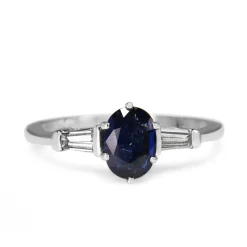 Platinum Oval Sapphire and Baguette Diamond 3 Stone Ring