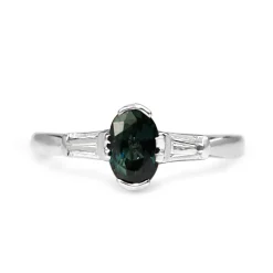Platinum Oval Teal Sapphire and Diamond Ring