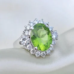 Platinum Peridot and Diamond Cluster Ring
