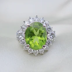 Platinum Peridot and Diamond Cluster Ring