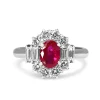 Platinum Ruby and Baguette Diamond Halo Ring