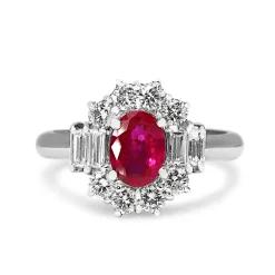 Platinum Ruby and Baguette Diamond Halo Ring