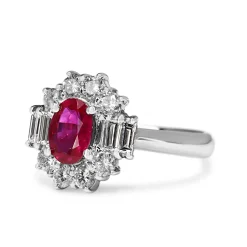 Platinum Ruby and Baguette Diamond Halo Ring